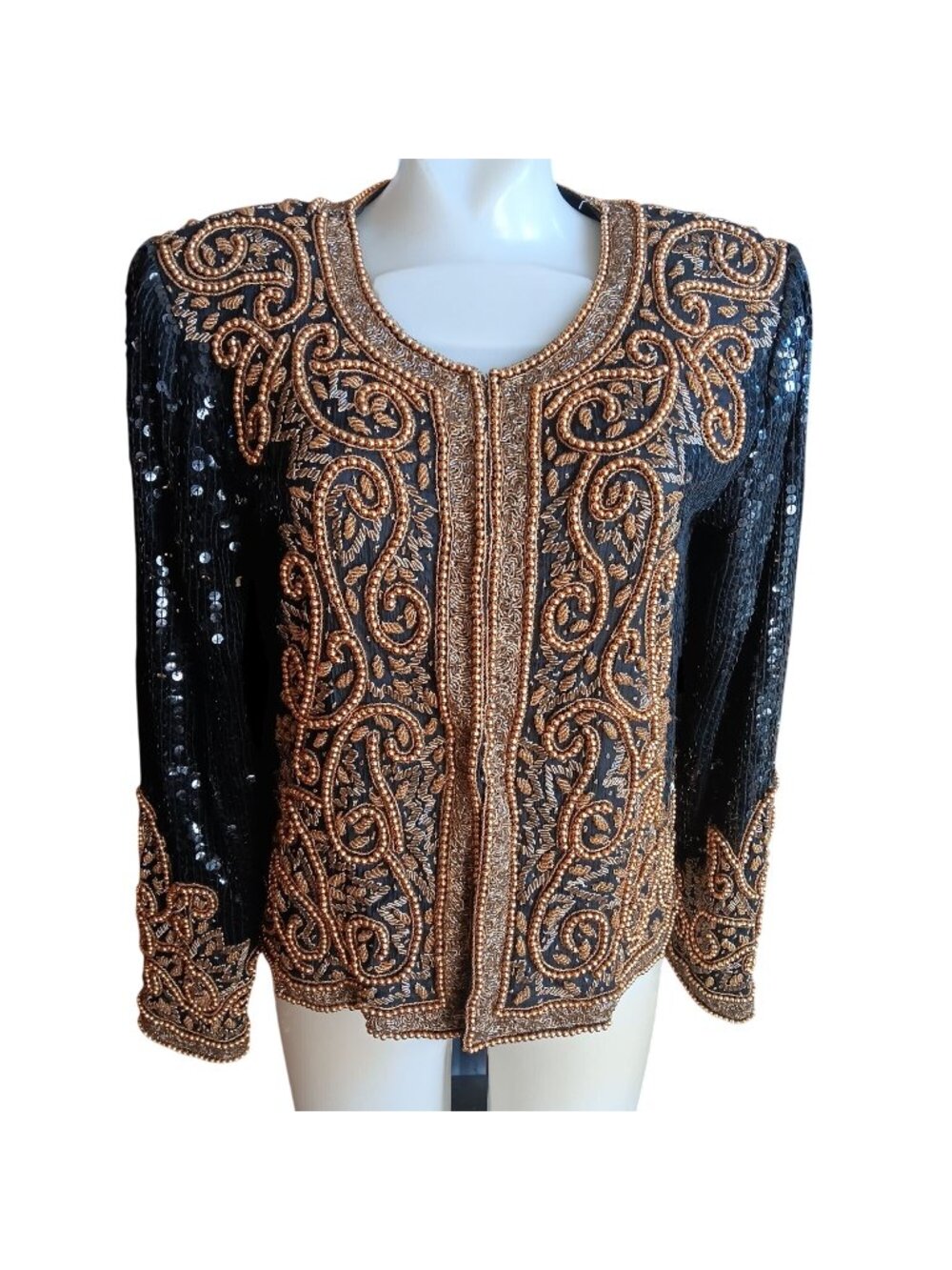Patra 1990's Small Vintage Bolero Jacket Black Gold Beaded Sequin Embroidery